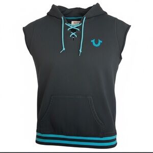 True Religion Lace-Up Sleeveless Hoodie Black & Teal XL